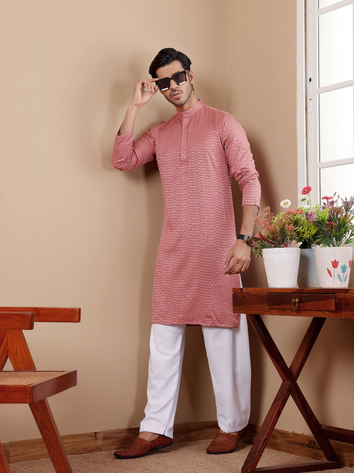 Men’s Onion Pink Kurta Pajama Set with Art Silk Bottoms and Chikankari