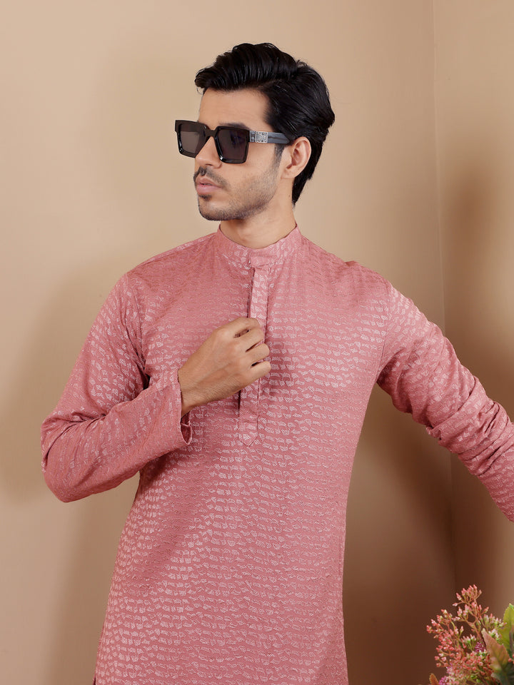 Onion Pink Kurta Set for Men with Chikankari and Art Silk Bottoms