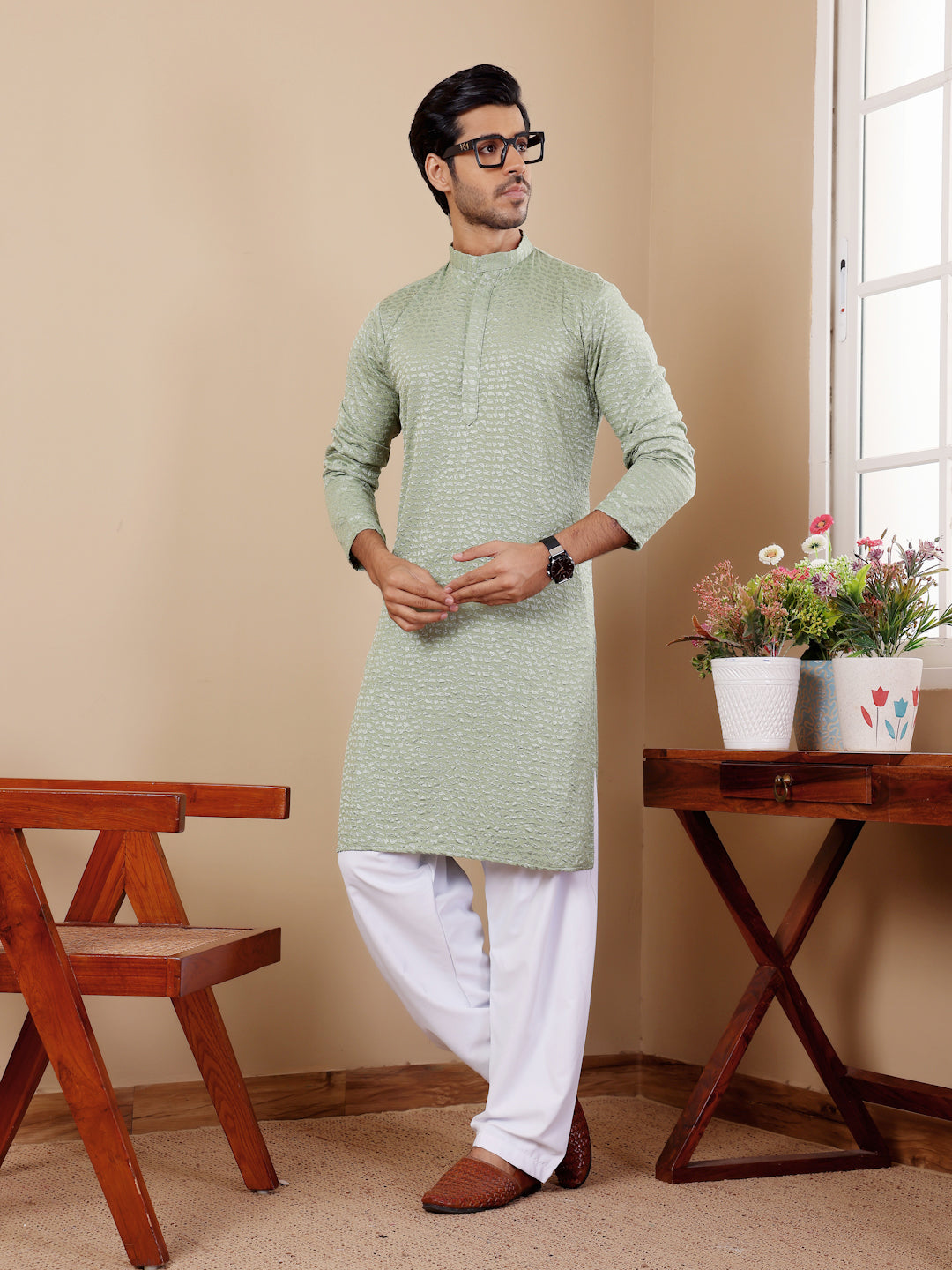 Festive Kurta Set for Men in Pastel Green with Intricate Chikankari Work