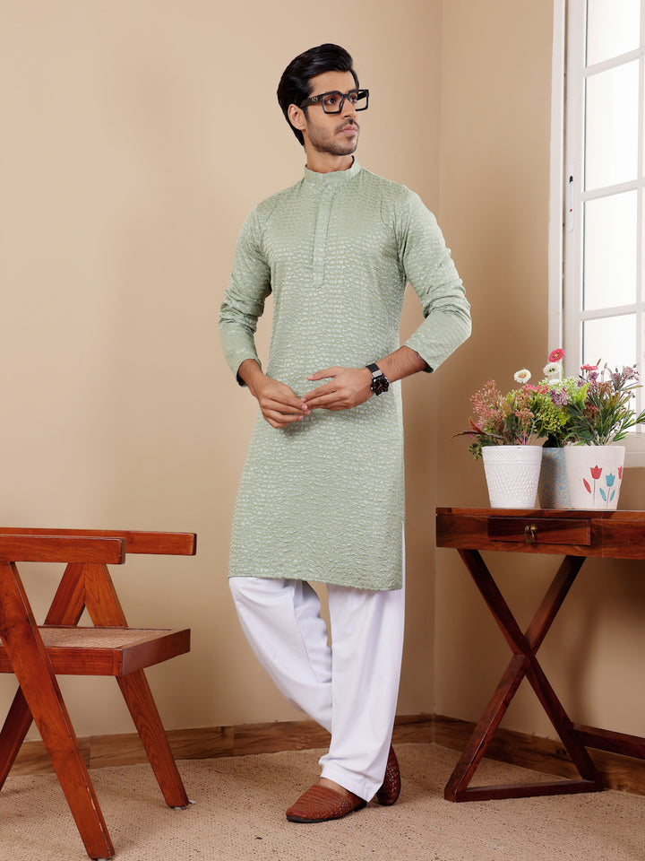 Festive Kurta Set for Men in Pastel Green with Intricate Chikankari Work