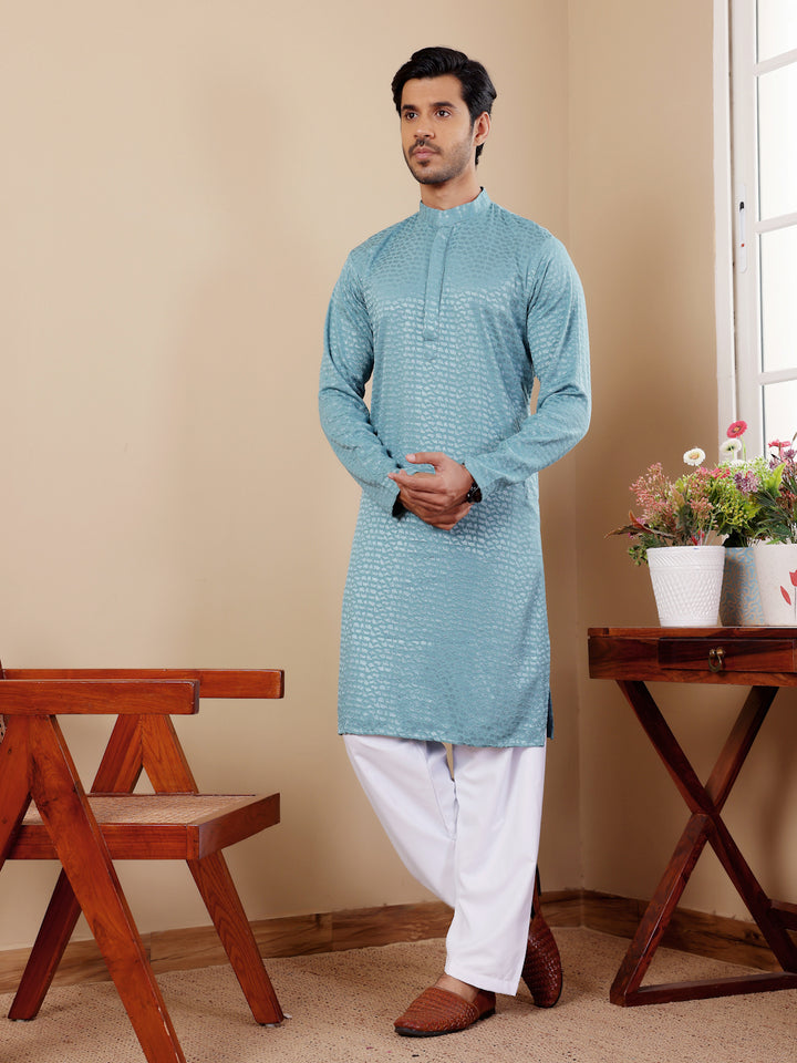 Men’s Kurta Pajama Set in Light Blue with Chikankari Embroidery for Weddings