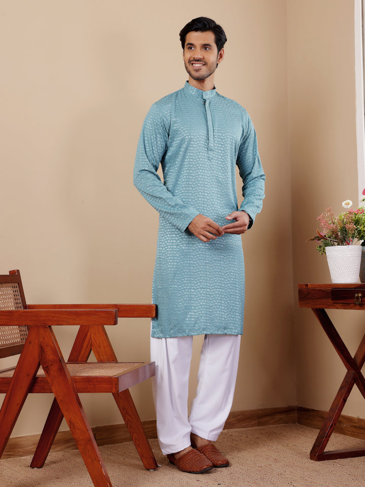 Light Blue Designer Kurta Pajama for Men with Intricate Chikankari Work