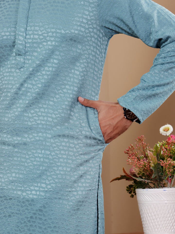 Stylish Light Blue Ethnic Kurta with Chikankari for Men’s Weddings