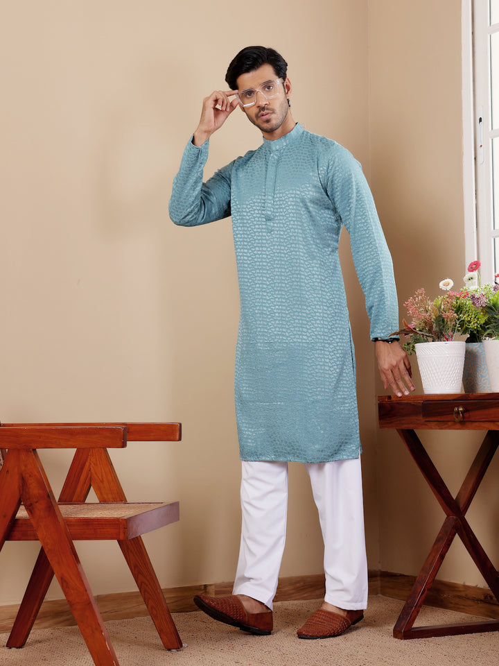 Men’s Light Blue Kurta Pajama Set with Chikankari Work for Festivals