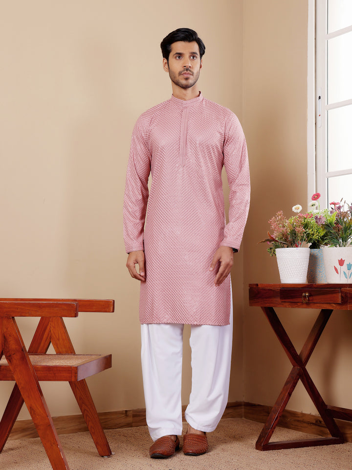 Men’s onion pink Viscose kurta featuring intricate Chikankari work and art silk bottoms.