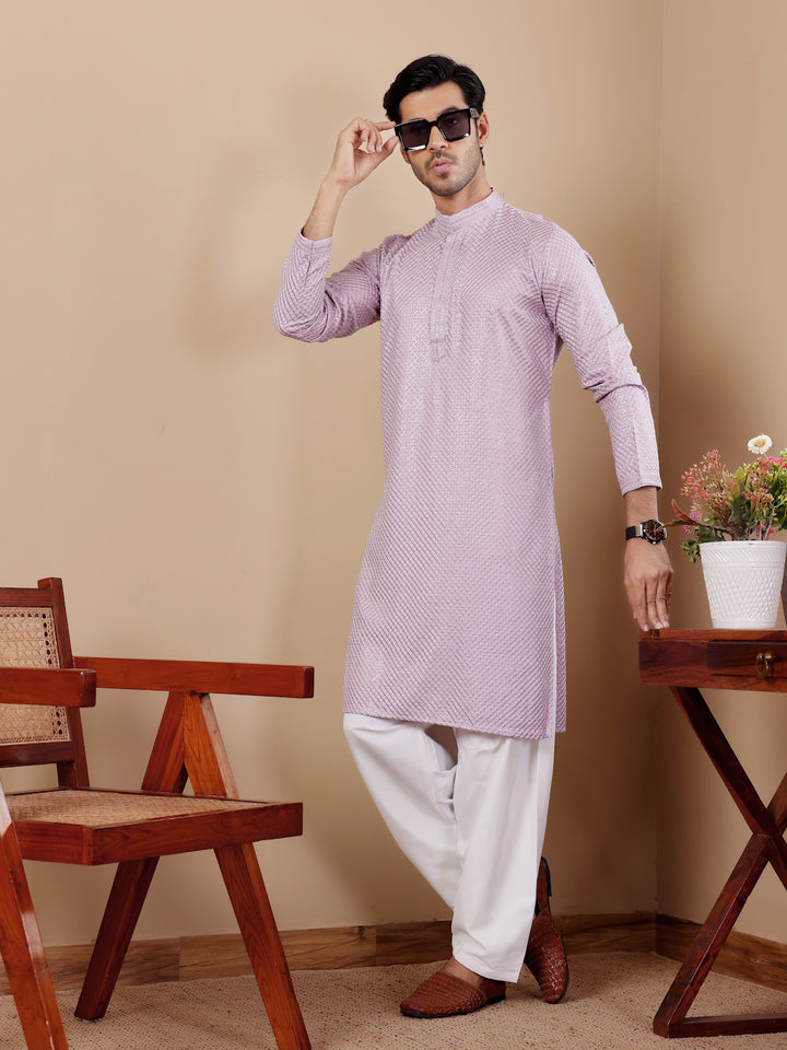 Men’s lavender Viscose kurta with Chikankari detailing and luxurious art silk bottoms for cultural events.