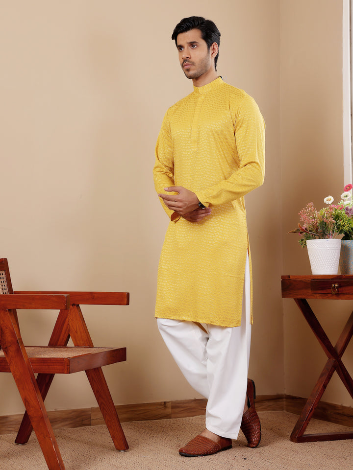 Elegant Yellow Chikankari Kurta Pajama Set for Men’s Festive Wear