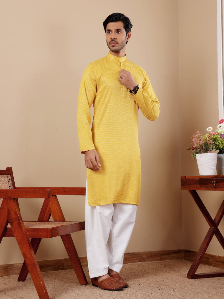 Yellow Kurta Pajama Set with Intricate Embroidery for Weddings and Festivals