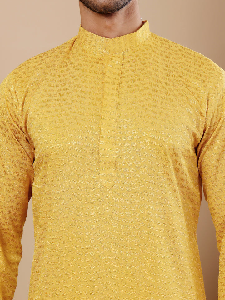 Stylish Yellow Designer Kurta Pajama Set for Men with Chikankari Detail
