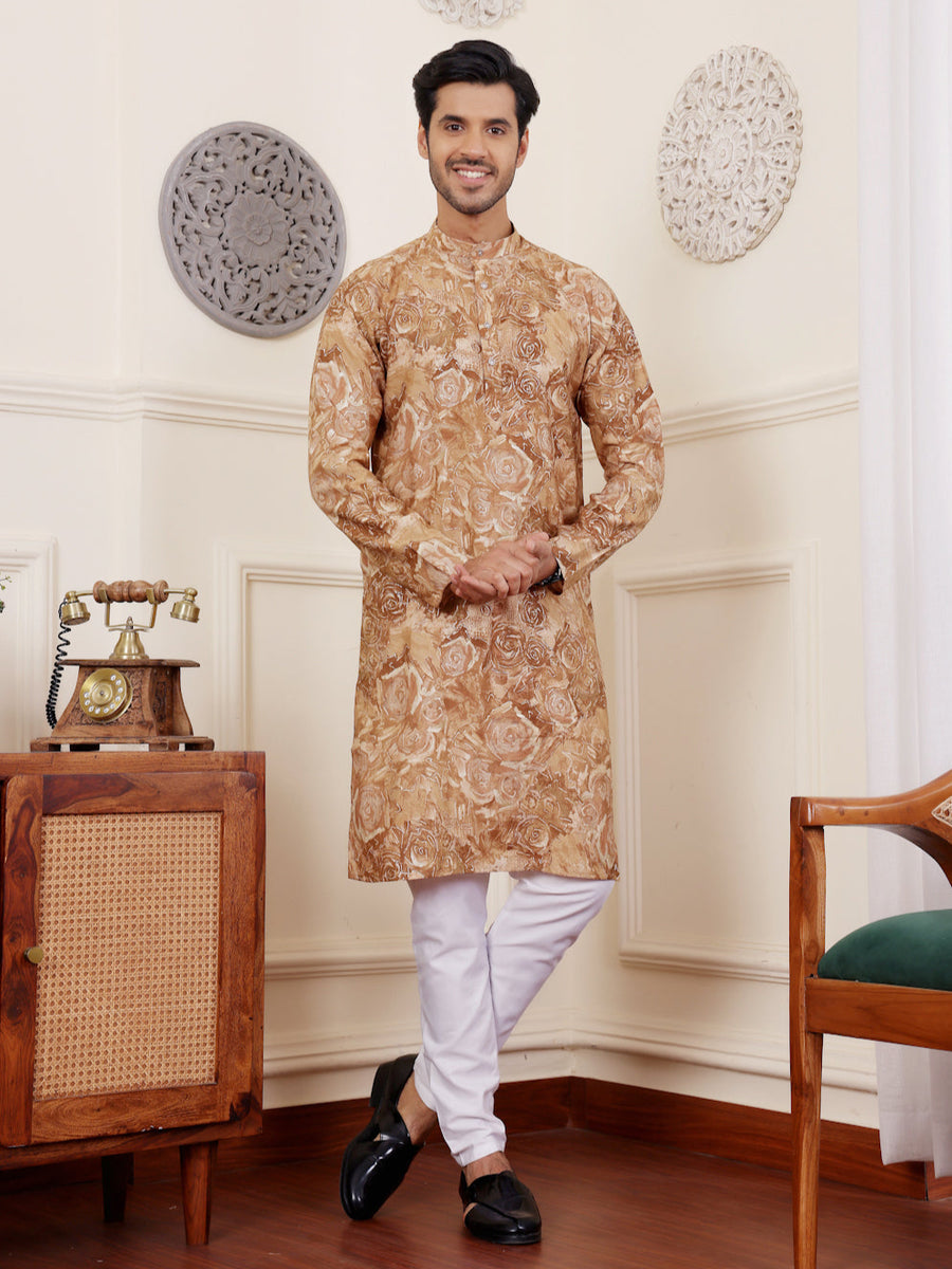 Light brown modal silk kurta with embroidered detailing for festive wear