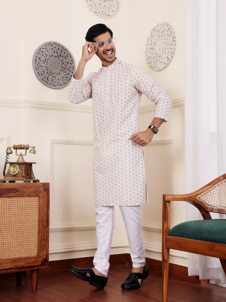 Premium Viscose Kurta for Men | Geometric Digital Print in Grey for Festivals