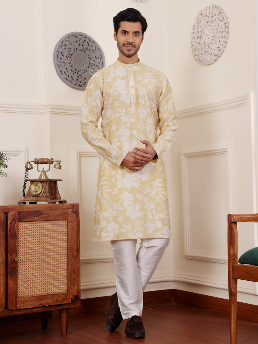 Festive Haldi outfit featuring modal silk kurta and art silk bottom