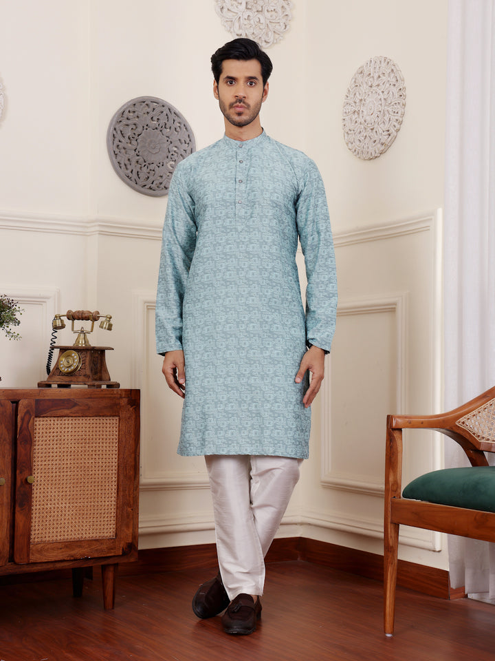 Designer Viscose Kurta Set | Handwoven Motifs & Art Silk Bottom
