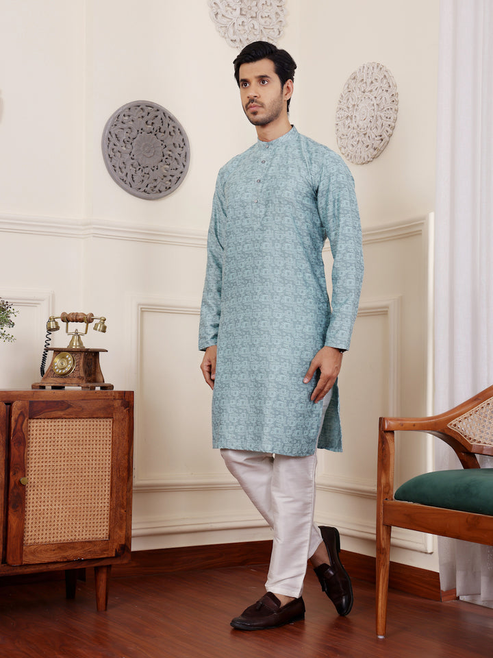 Designer Viscose Kurta Set | Handwoven Motifs & Art Silk Bottom