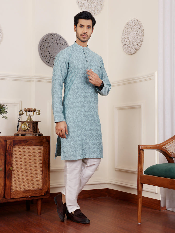 Designer Viscose Kurta Set | Handwoven Motifs & Art Silk Bottom
