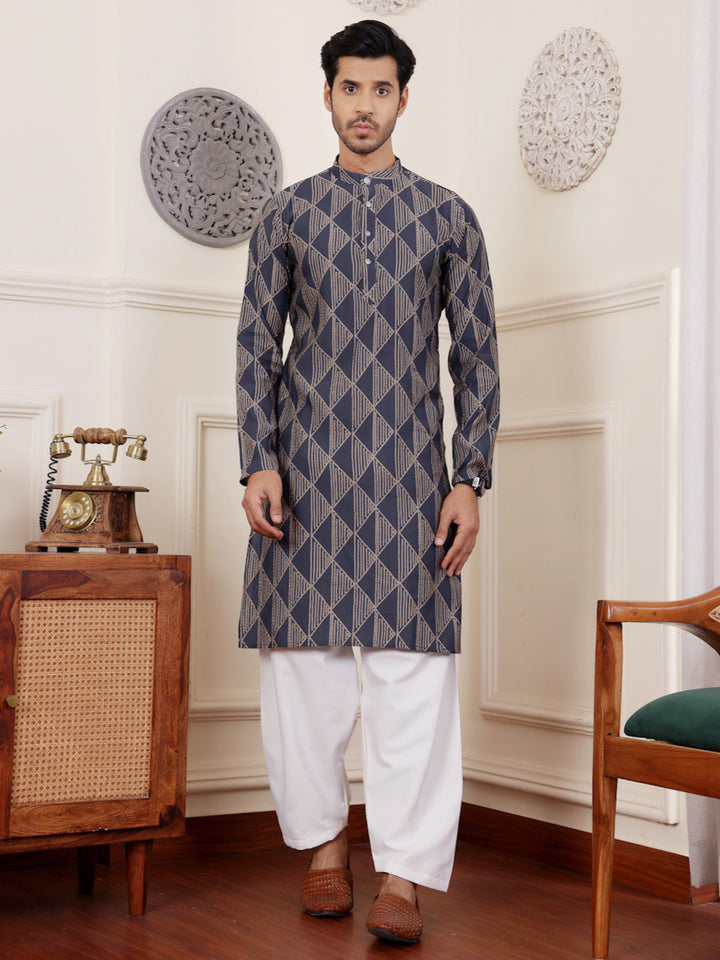 Navy blue modal silk kurta pajama for men with cream art silk bottom