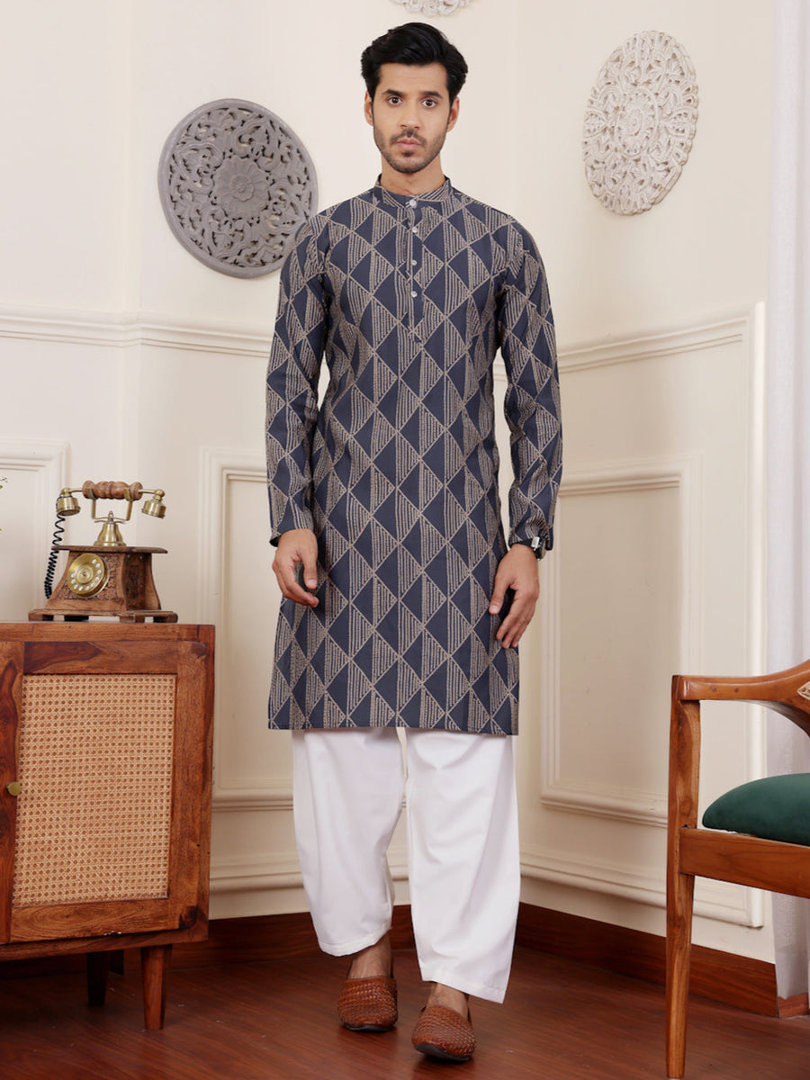 Navy blue modal silk kurta pajama for men with cream art silk bottom