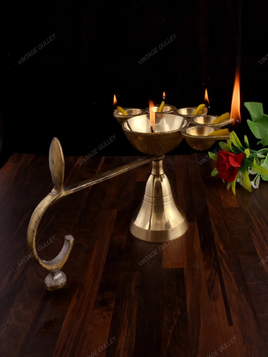Brass Arti Diya 5 Face | Handcrafted Quality Brass Decorative Diya