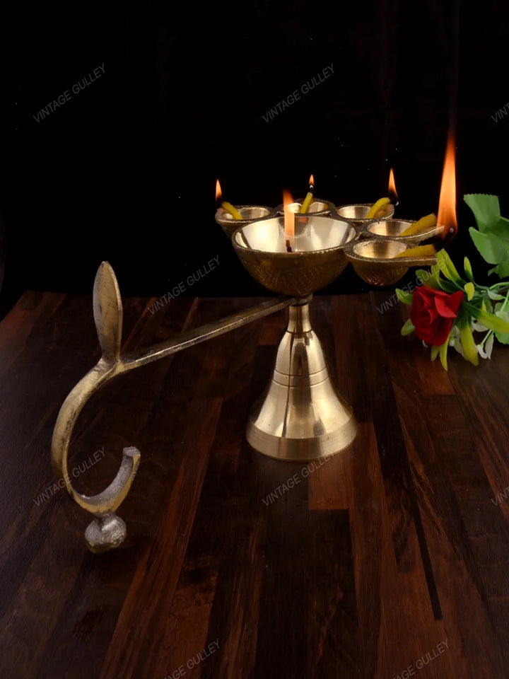 Brass Arti Diya 5 Face | Handcrafted Quality Brass Decorative Diya