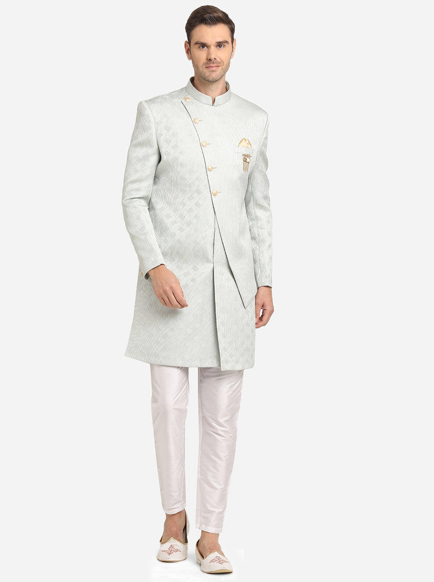 Luxurious Sea Green Indo Western, ethnic wear for men, with mandarin collar and full sleeves.