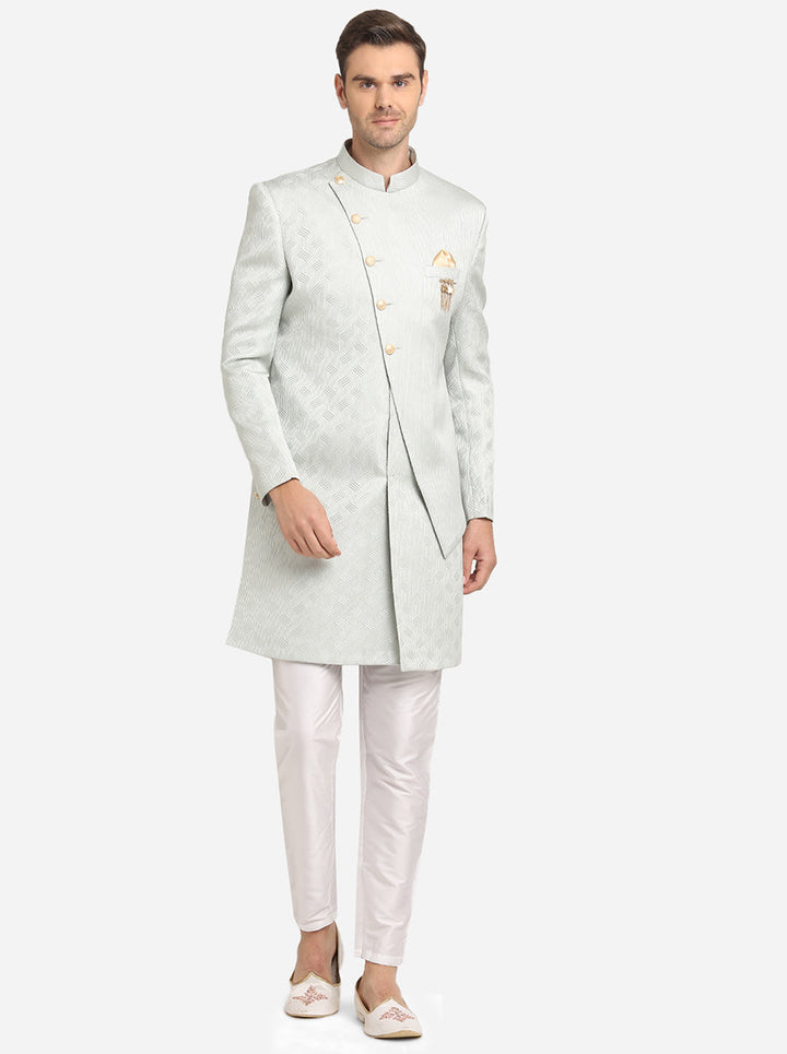 Luxurious Sea Green Indo Western, ethnic wear for men, with mandarin collar and full sleeves.