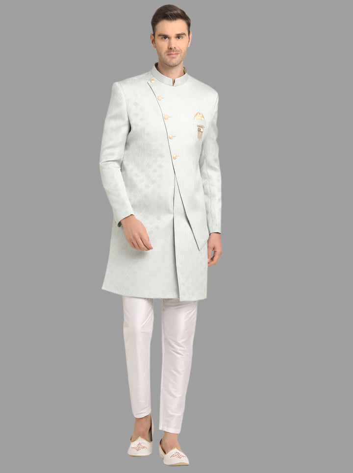 Sea Green Indo Western for men, Jacquard coat & pant set for weddings and events.