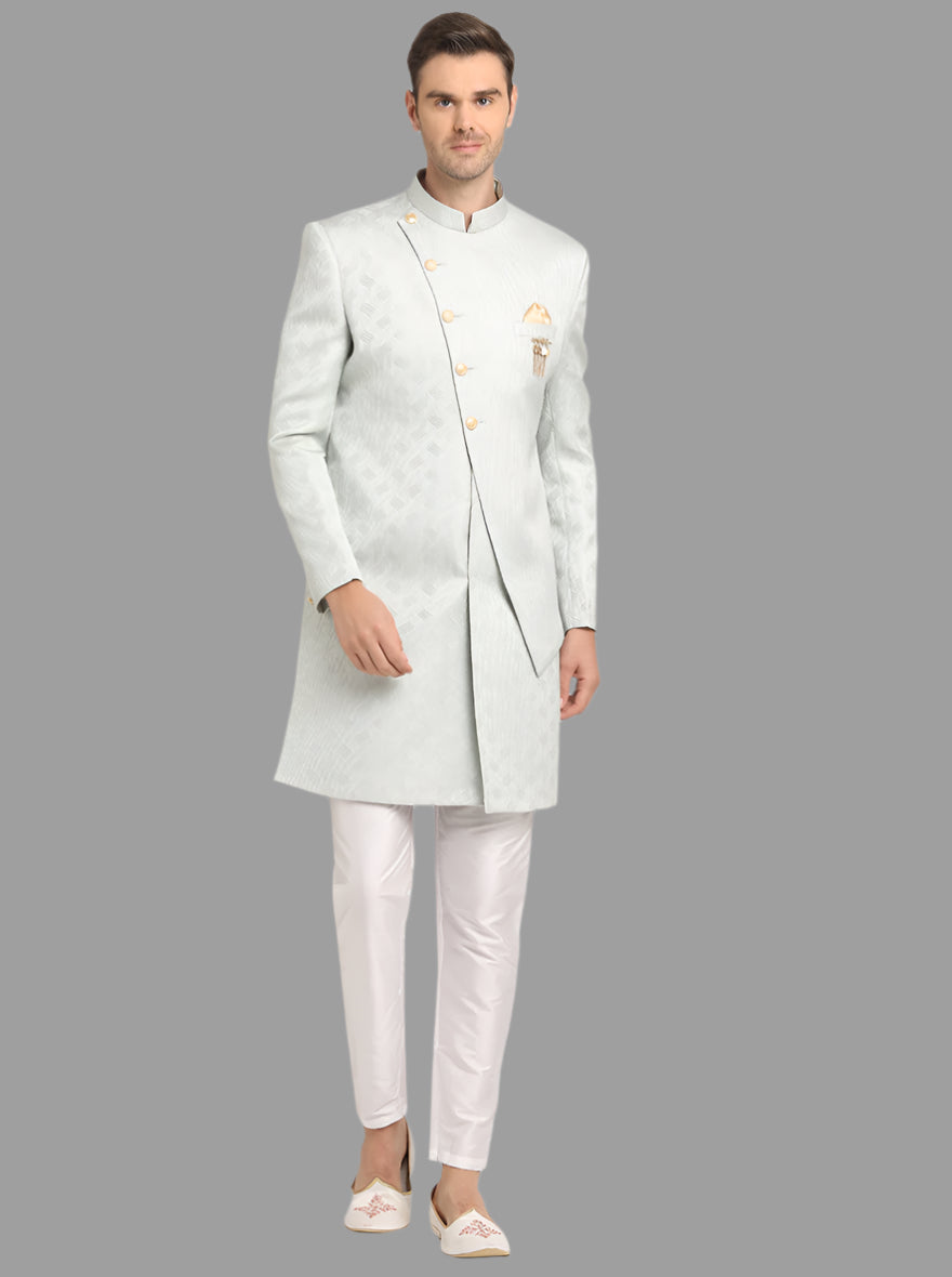 Sea Green Indo Western for men, Jacquard coat & pant set for weddings and events.