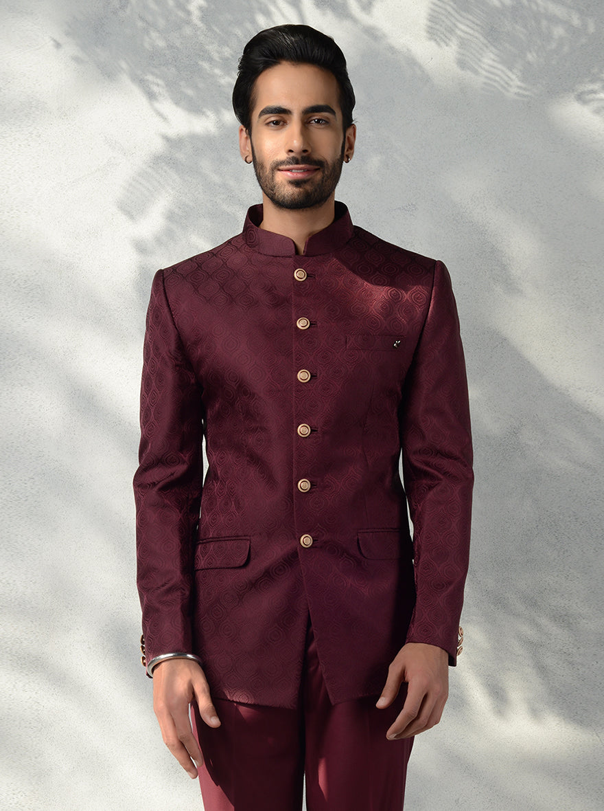 Wine jodhpuri suit with maroon jacquard pattern for weddings.