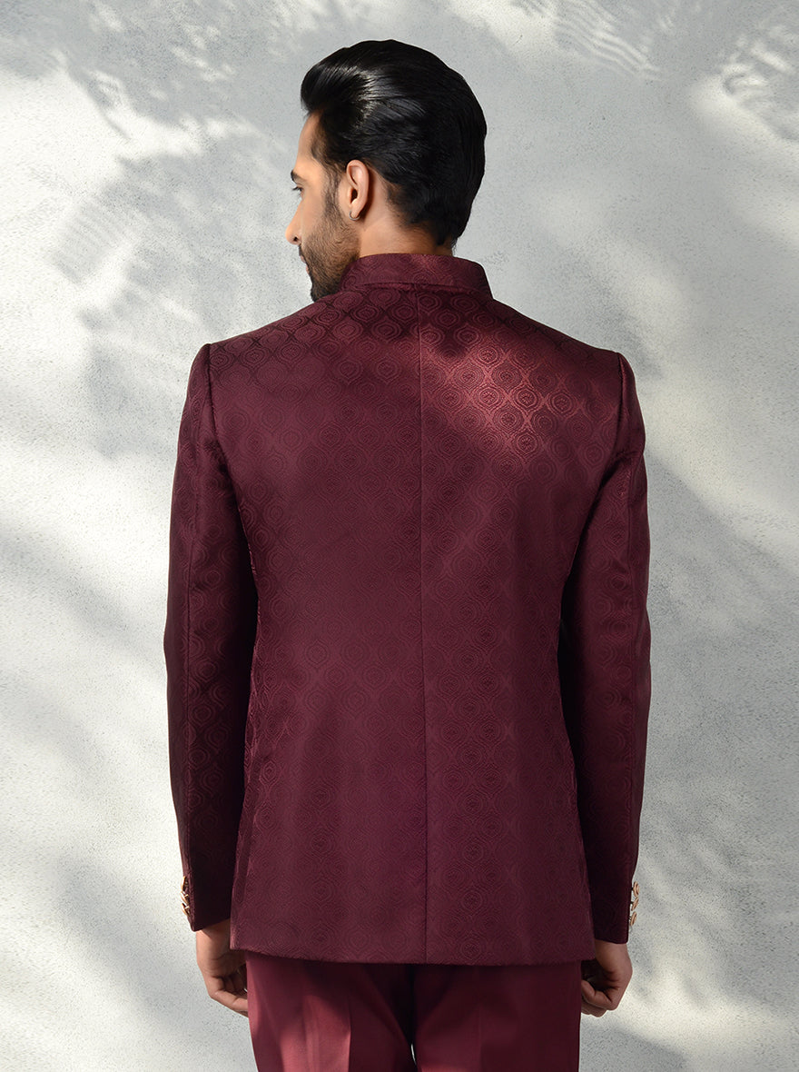 Full sleeve wine jodhpuri suit with mandarin collar for wedding receptions.