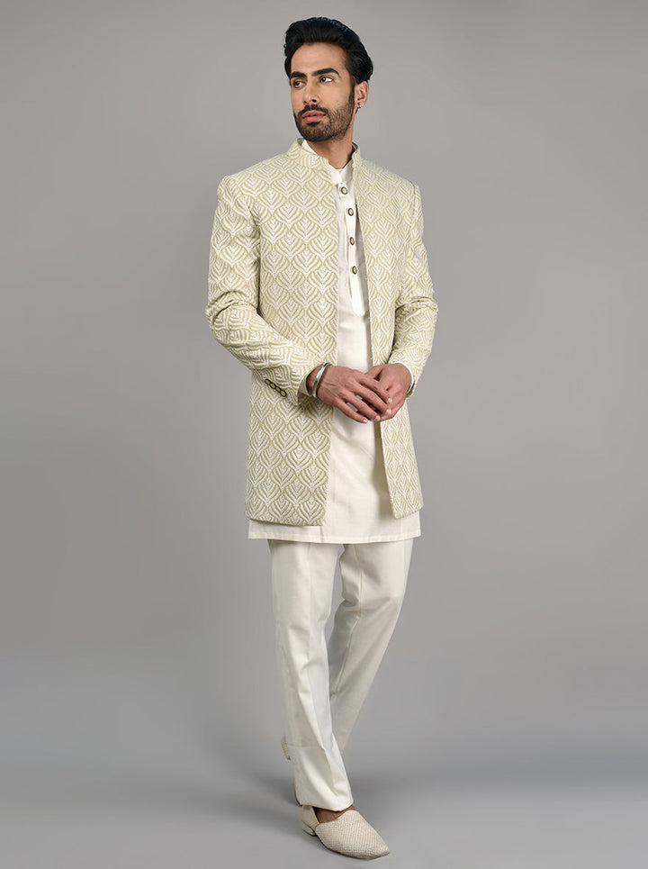 Stylish jodhpuri suit with straight fit and off-white thread embroidery.