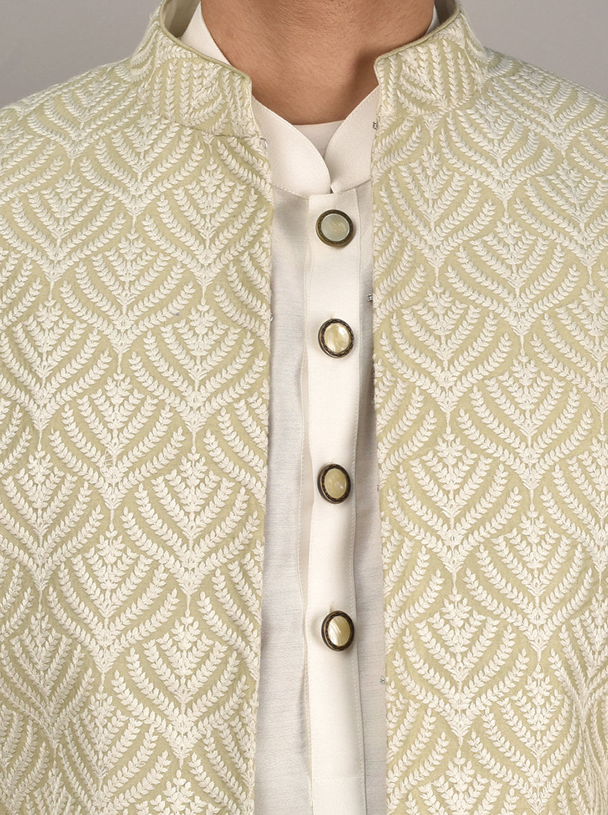 Embroidered jodhpuri suit with off-white thread for weddings.