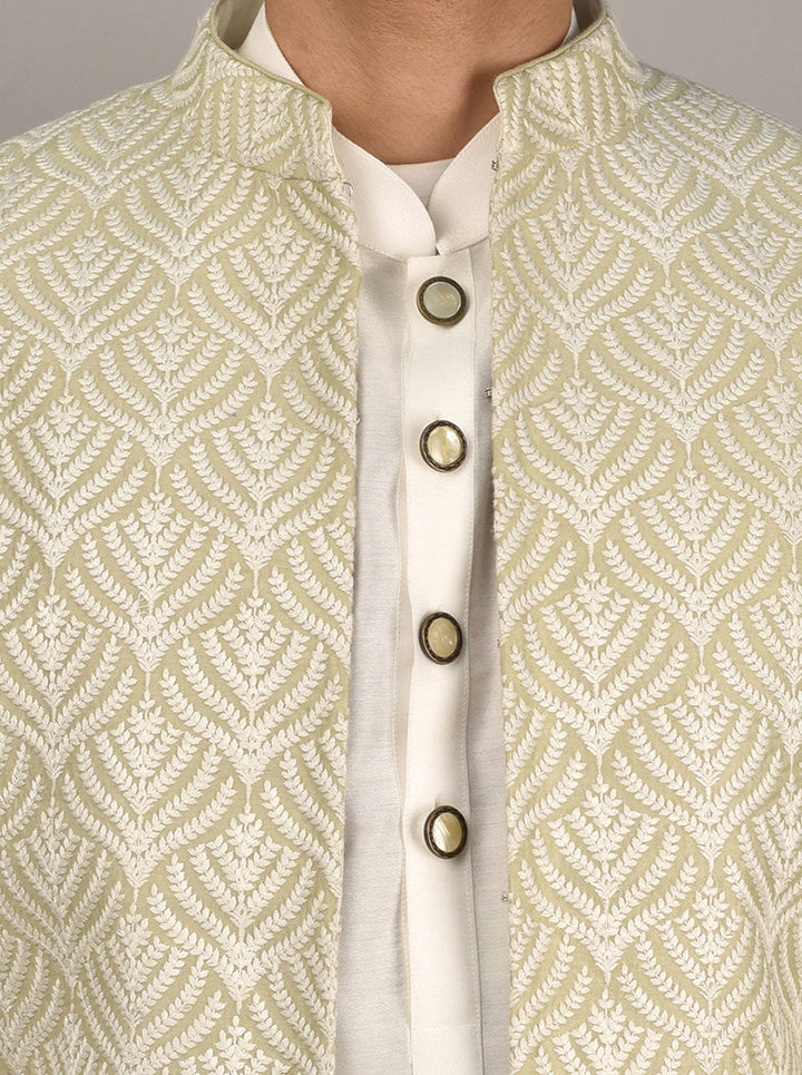 Embroidered jodhpuri suit with off-white thread for weddings.