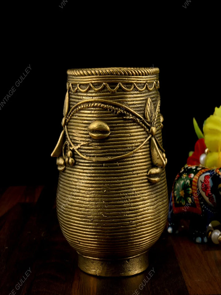 Brass Dhokra Art Pen Stand | Handcrafted Desk Organizer for Accessories