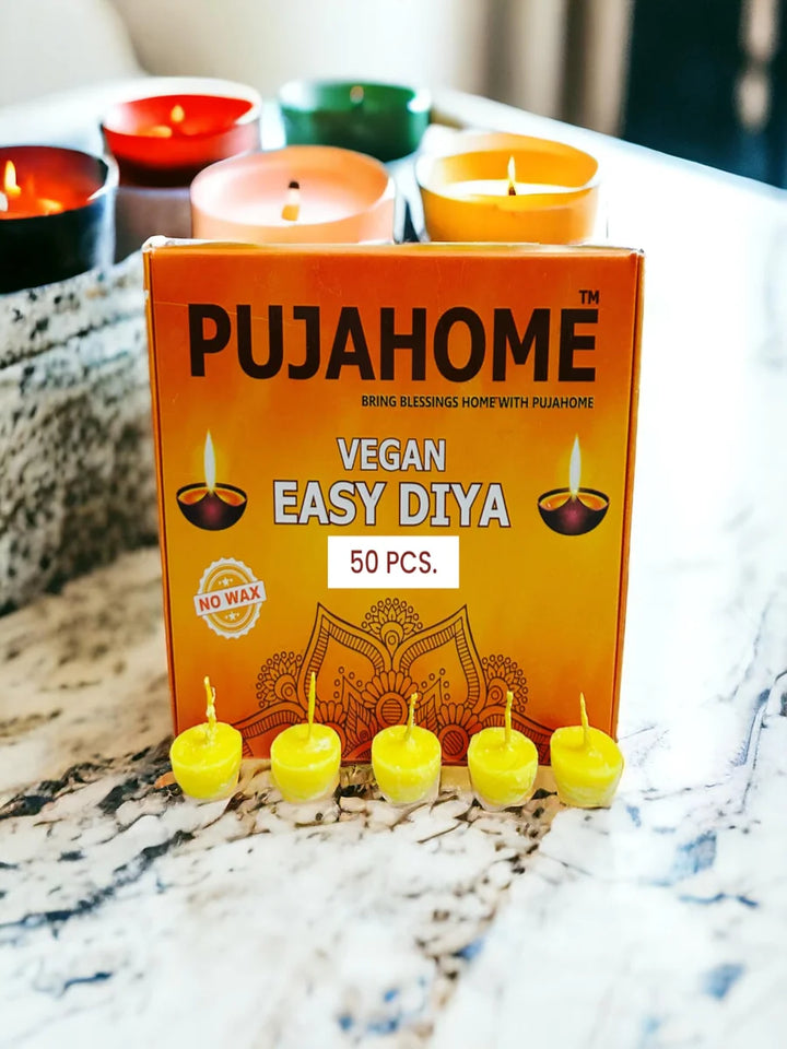 Vegan Diya Wicks (50 Pieces - Yellow) 30min Burning Time, Wax Free | Vegan Diya Batti for Puja
