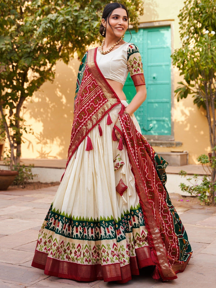 Fascinating White Foil Print Silk | Lehenga Choli with Dupatta Style Statement