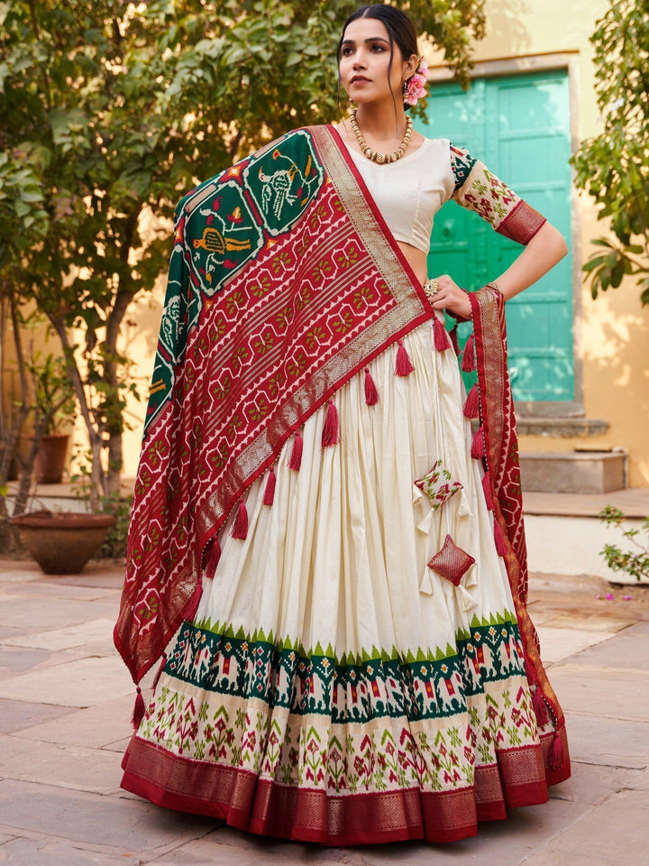Fascinating White Foil Print Silk | Lehenga Choli with Dupatta Style Statement