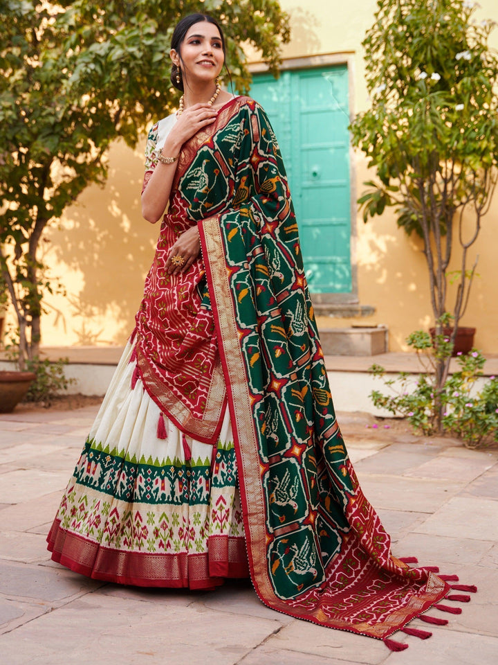 Fascinating White Foil Print Silk | Lehenga Choli with Dupatta Style Statement