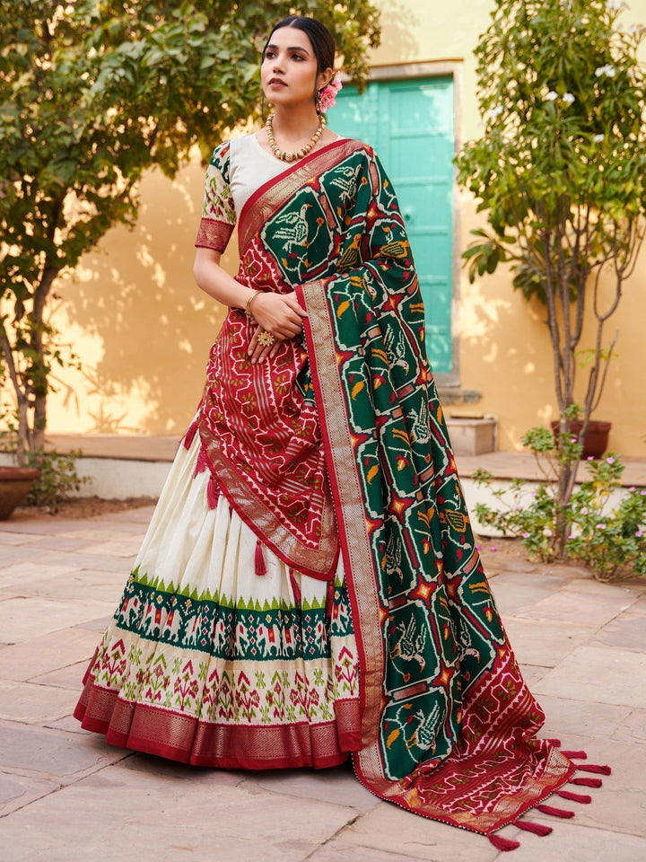 Fascinating White Foil Print Silk | Lehenga Choli with Dupatta Style Statement