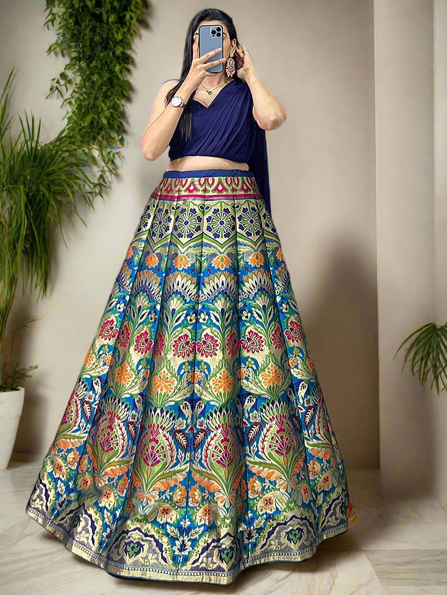 Zari Work Blue Lehenga | Silk Fabric with Georgette Crop Top & Dupatta