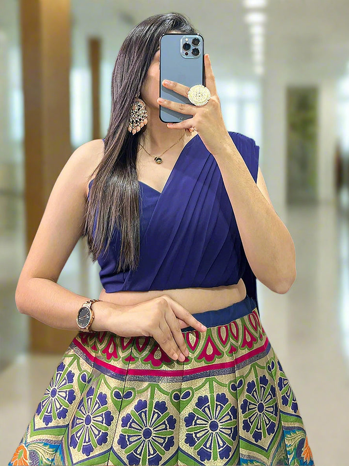 Zari Work Blue Lehenga | Silk Fabric with Georgette Crop Top & Dupatta