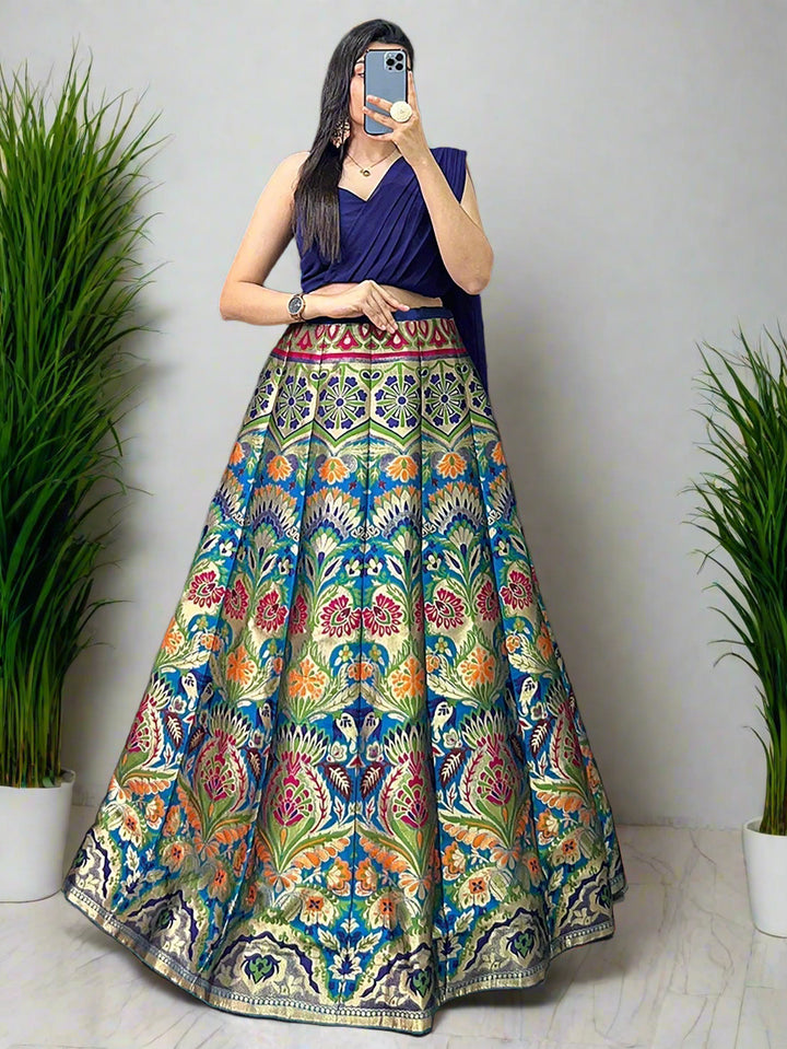 Zari Work Blue Lehenga | Silk Fabric with Georgette Crop Top & Dupatta