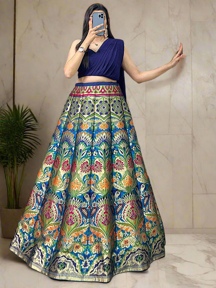 Zari Work Blue Lehenga | Silk Fabric with Georgette Crop Top & Dupatta