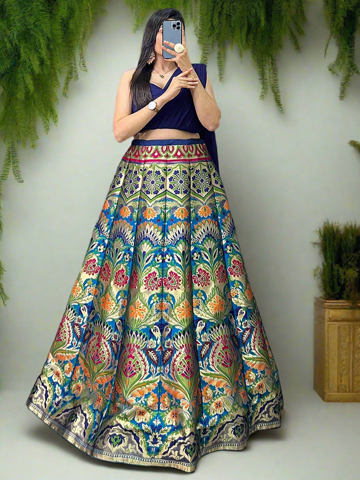 Zari Work Blue Lehenga | Silk Fabric with Georgette Crop Top & Dupatta