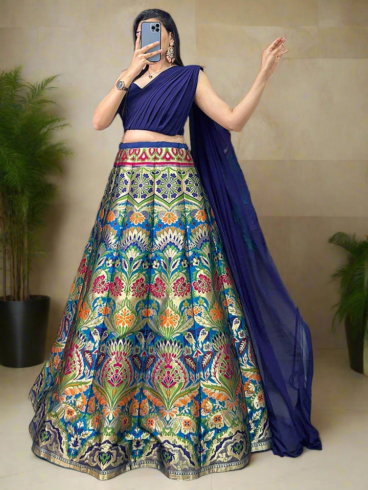 Zari Work Blue Lehenga | Silk Fabric with Georgette Crop Top & Dupatta
