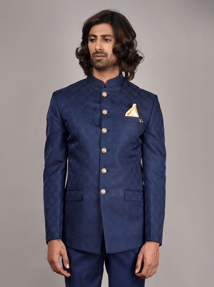 Navy Blue Jodhpuri Suit for men with jacquard design and gold accents.
