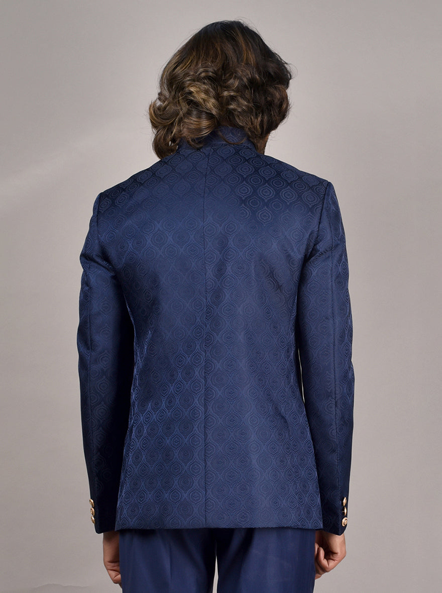 Modern Navy Blue Jodhpuri Suit with jacquard ogee pattern and matching trousers.