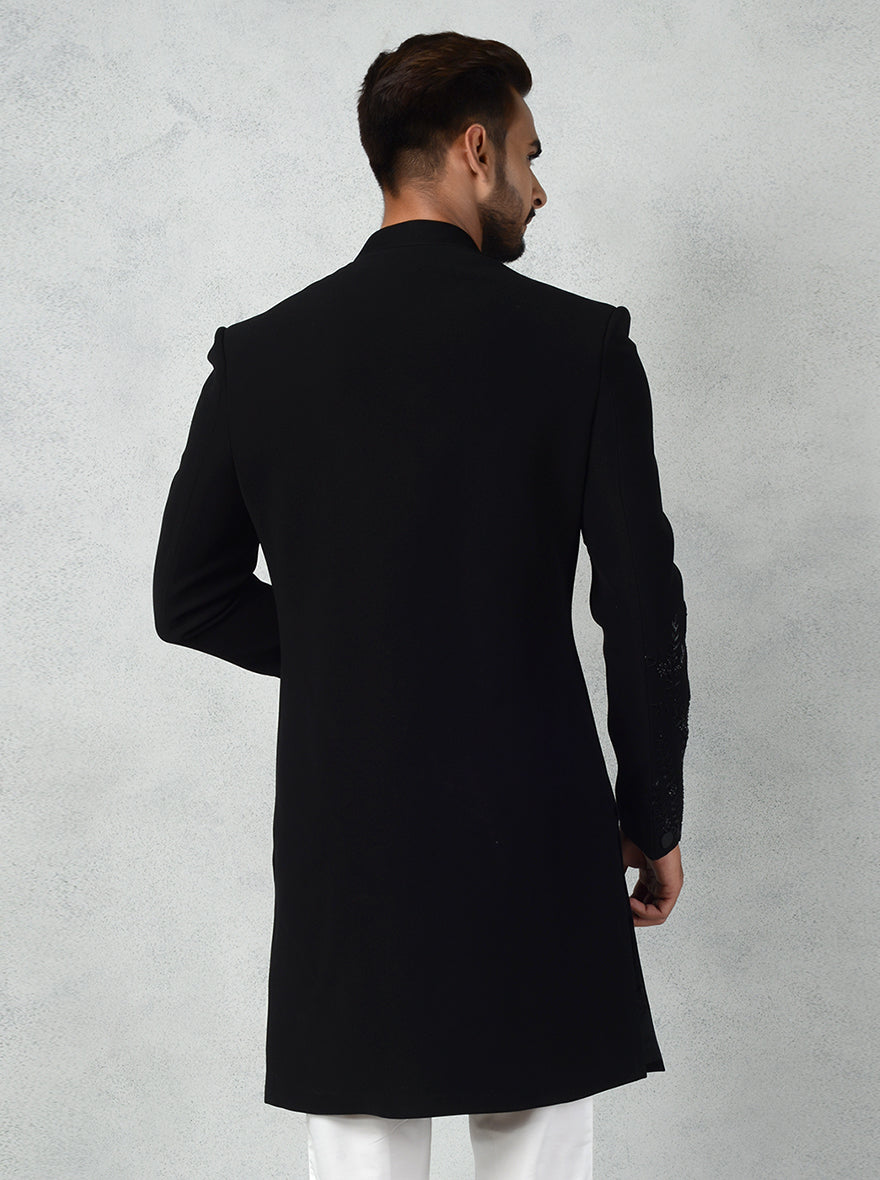 Elegant black Indo-Western kurta for men with shoulder and sleeve embroidery in tonal black.