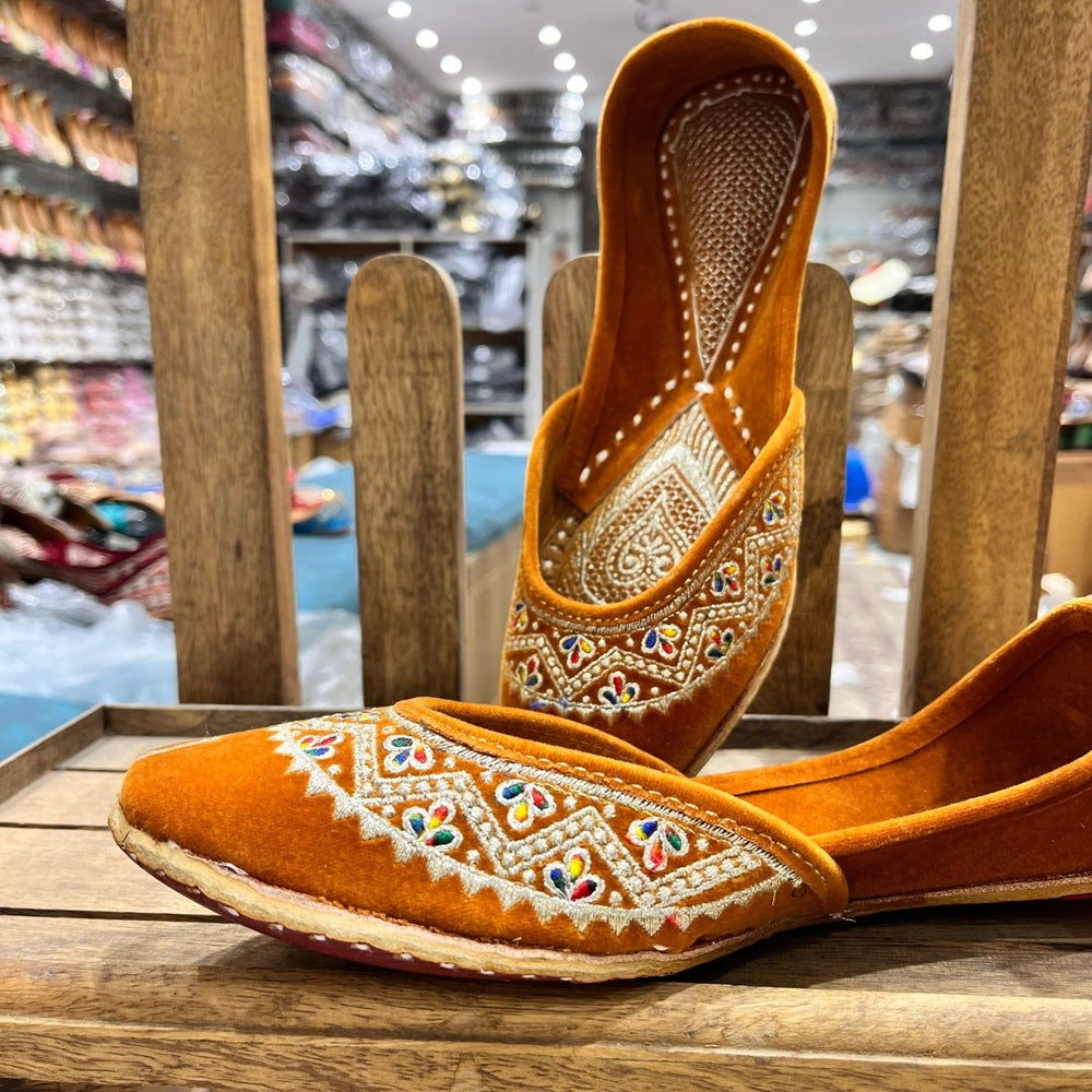 Luxury Amber Juttis | Golden Mustard Velvet with Multicolored Detailing - jmdj1008