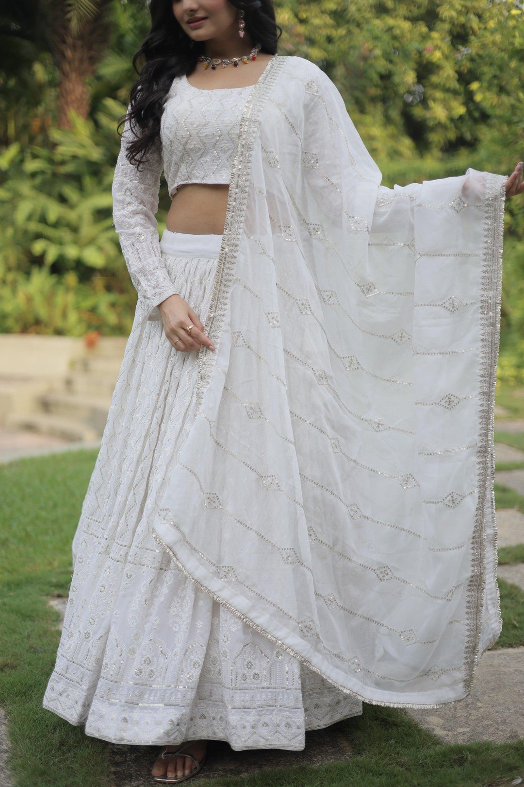 Bewitching White Thread Work | Georgette Reception Wear Lehenga Choli Edition