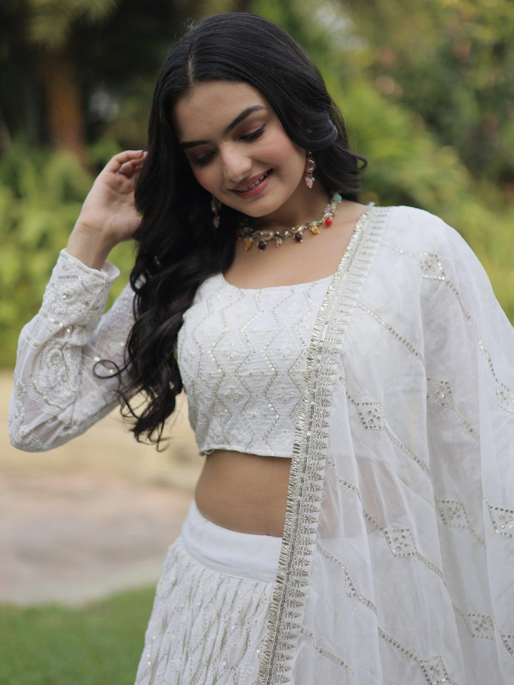 Bewitching White Thread Work | Georgette Reception Wear Lehenga Choli Edition